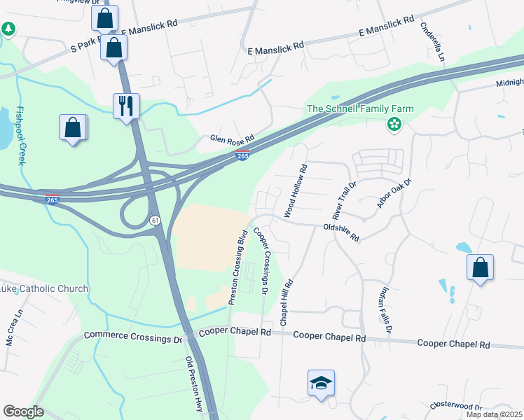 map of restaurants, bars, coffee shops, grocery stores, and more near 9606 Preston Spring Drive in Louisville