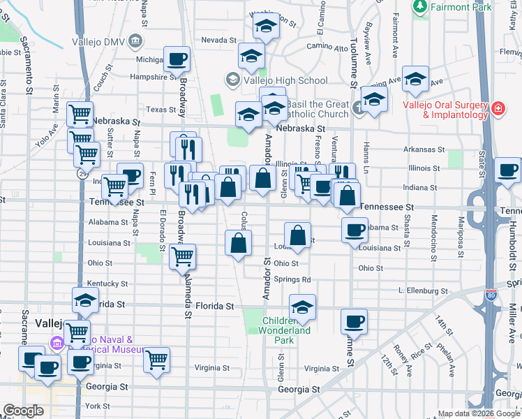 map of restaurants, bars, coffee shops, grocery stores, and more near 1224 Alabama Street in Vallejo
