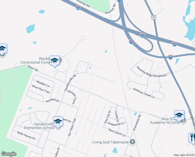 map of restaurants, bars, coffee shops, grocery stores, and more near 3273 Sandersville Rd in Lexington