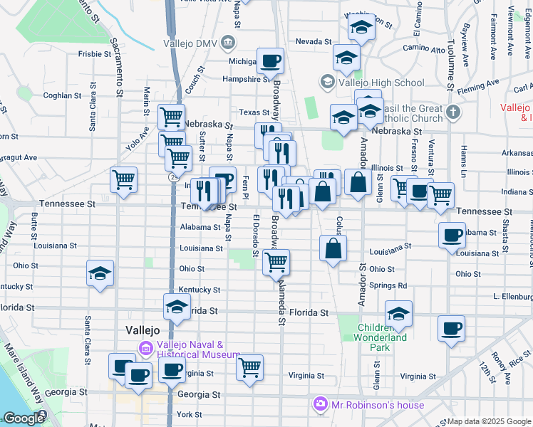 map of restaurants, bars, coffee shops, grocery stores, and more near in Vallejo