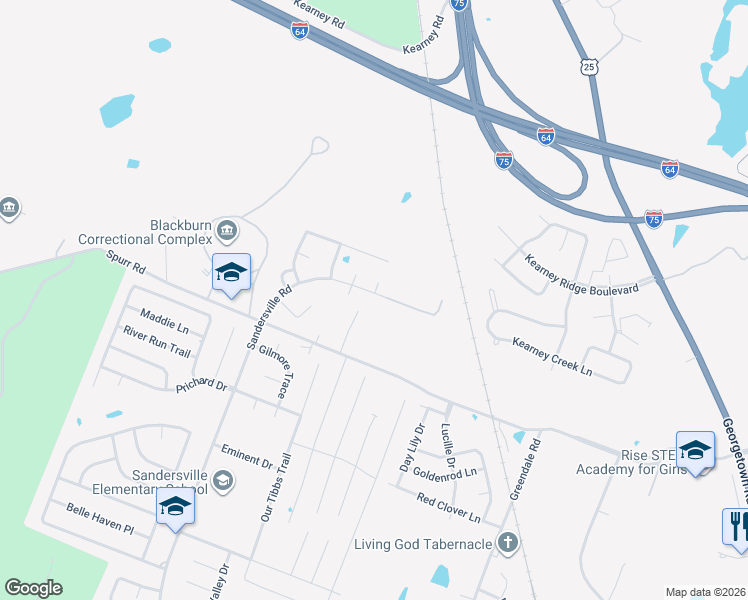 map of restaurants, bars, coffee shops, grocery stores, and more near 3273 Sandersville Road in Lexington