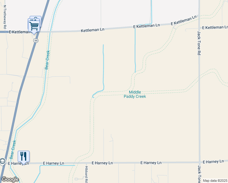 map of restaurants, bars, coffee shops, grocery stores, and more near Bear Creek in Lodi