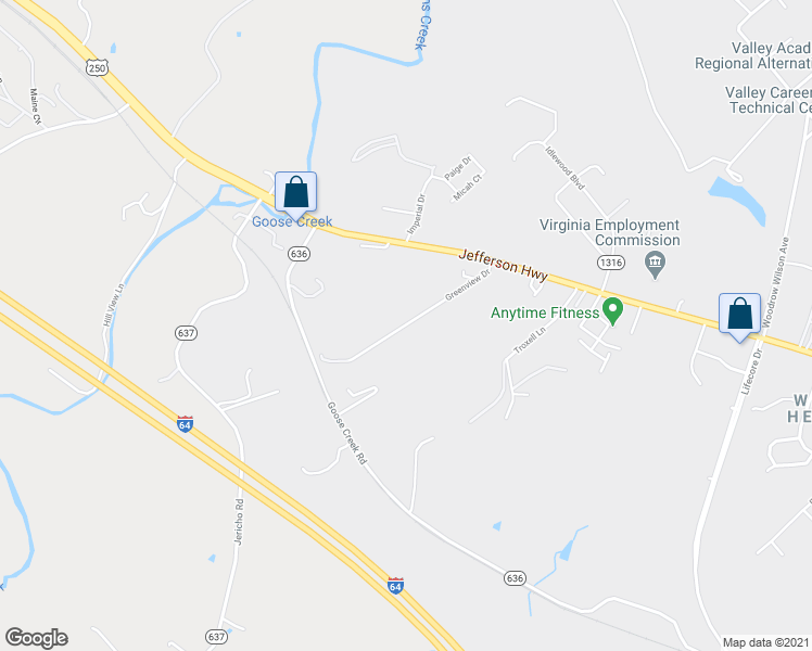 map of restaurants, bars, coffee shops, grocery stores, and more near 97 Greenview Drive in Staunton