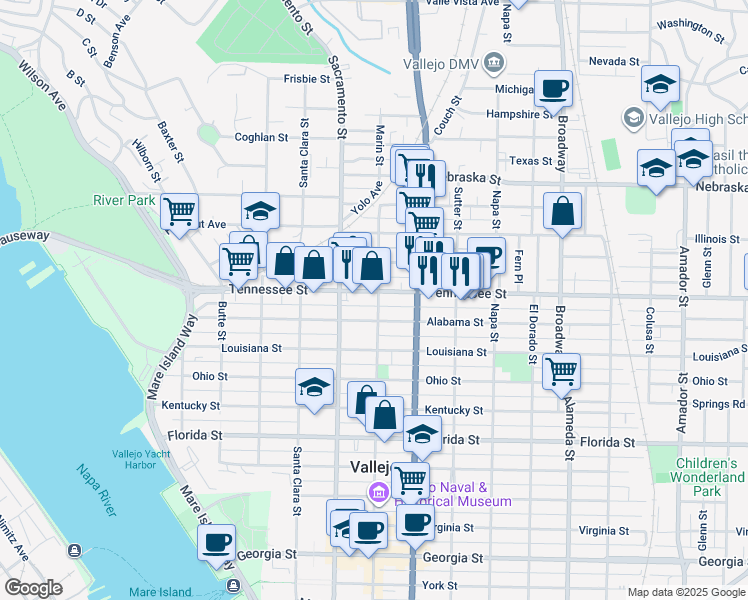 map of restaurants, bars, coffee shops, grocery stores, and more near 1518 Marin Street in Vallejo