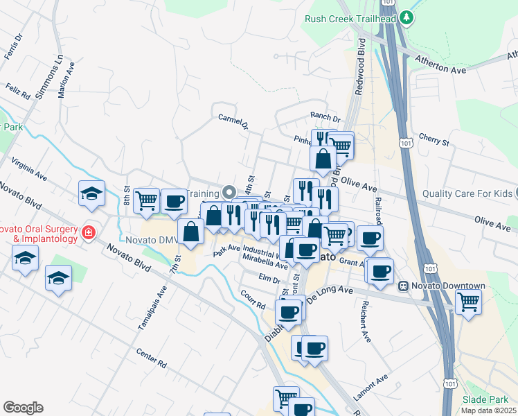 map of restaurants, bars, coffee shops, grocery stores, and more near 1400 Vallejo Avenue in Novato