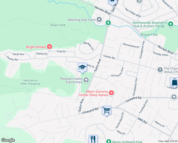 map of restaurants, bars, coffee shops, grocery stores, and more near 6 Stasia Drive in Novato