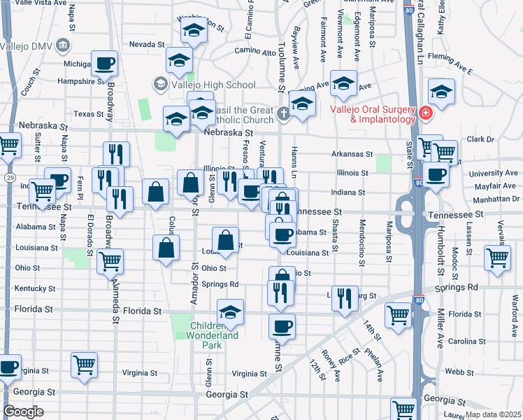 map of restaurants, bars, coffee shops, grocery stores, and more near 27 Ventura Street in Vallejo