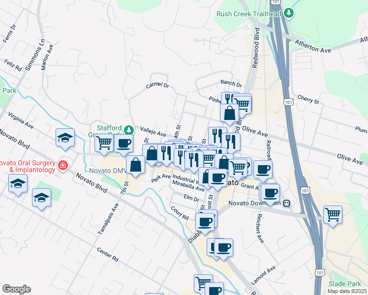 map of restaurants, bars, coffee shops, grocery stores, and more near 1400 Vallejo Avenue in Novato