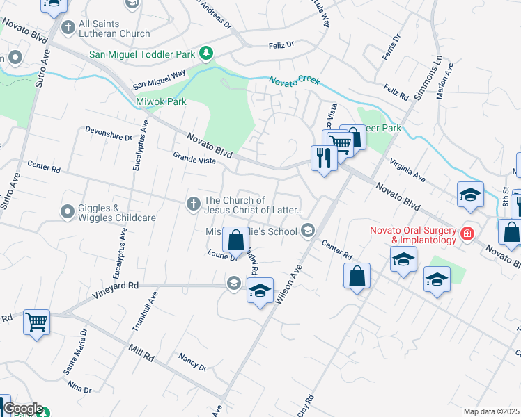 map of restaurants, bars, coffee shops, grocery stores, and more near 60 Holstrom Circle in Novato