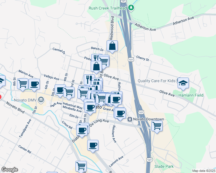 map of restaurants, bars, coffee shops, grocery stores, and more near Mulligan Ln in Novato
