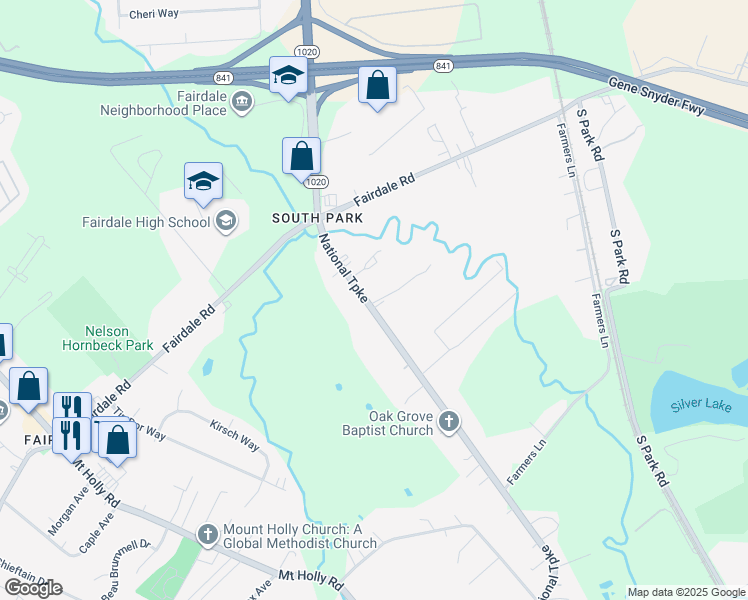 map of restaurants, bars, coffee shops, grocery stores, and more near 9705 National Turnpike in Louisville