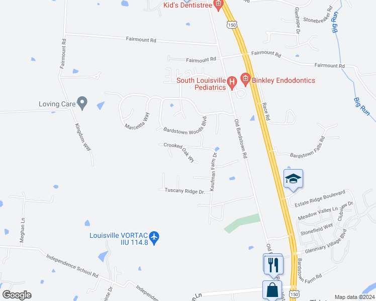 map of restaurants, bars, coffee shops, grocery stores, and more near 10900 Kaufman Farm Drive in Louisville