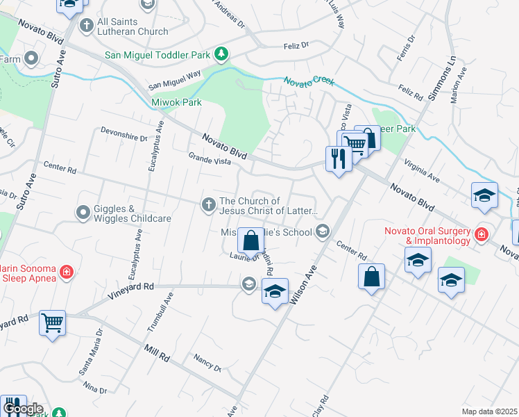 map of restaurants, bars, coffee shops, grocery stores, and more near 19 Jan Way in Novato