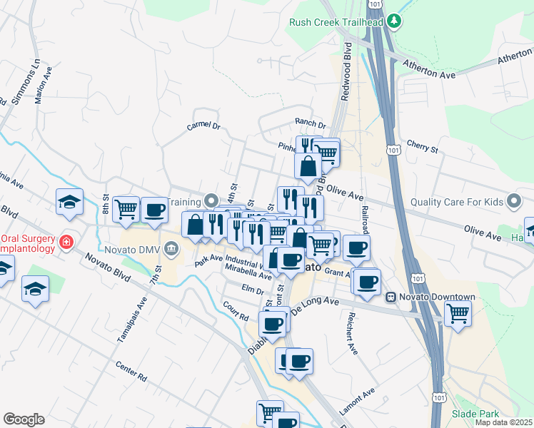 map of restaurants, bars, coffee shops, grocery stores, and more near 1216 Vallejo Avenue in Novato