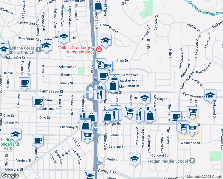 map of restaurants, bars, coffee shops, grocery stores, and more near 44 Admiral Callaghan Lane in Vallejo