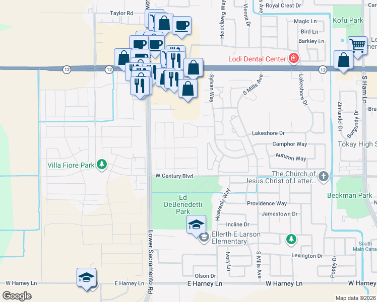 map of restaurants, bars, coffee shops, grocery stores, and more near 2313 Henri Lane in Lodi