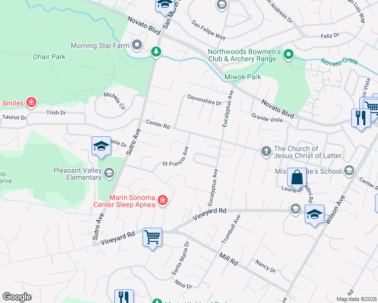 map of restaurants, bars, coffee shops, grocery stores, and more near 2223 Center Road in Novato