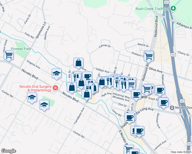map of restaurants, bars, coffee shops, grocery stores, and more near 1025 6th Street in Novato