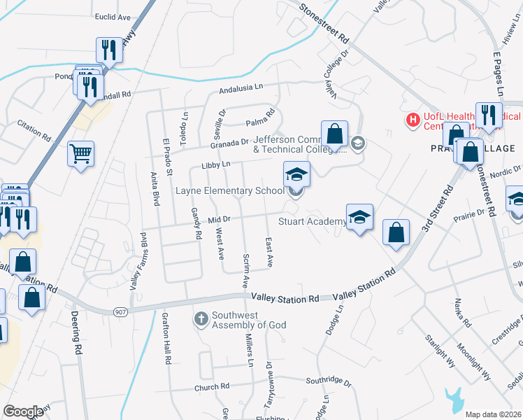 map of restaurants, bars, coffee shops, grocery stores, and more near 4701 Mid Drive in Louisville