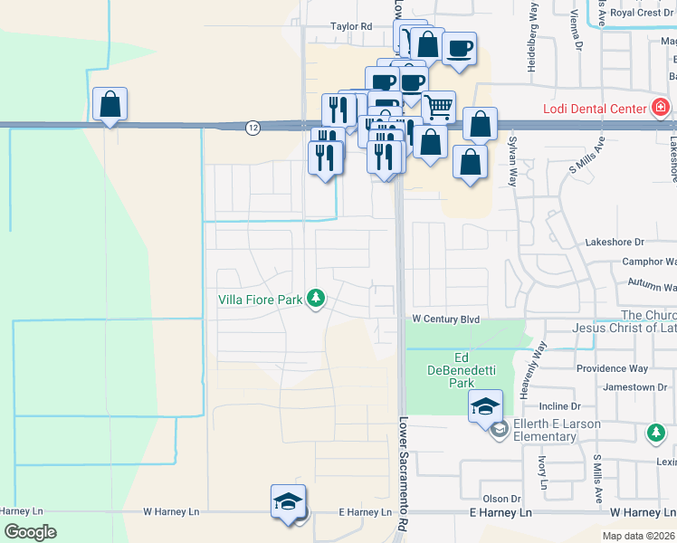 map of restaurants, bars, coffee shops, grocery stores, and more near 1826 Larkspur Lane in Lodi