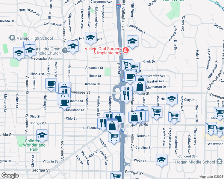 map of restaurants, bars, coffee shops, grocery stores, and more near 2126 Indiana Street in Vallejo