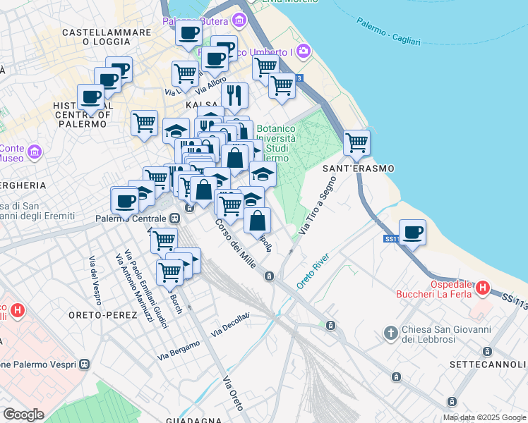 map of restaurants, bars, coffee shops, grocery stores, and more near 2 Via Gaspare Mignosi in Palermo