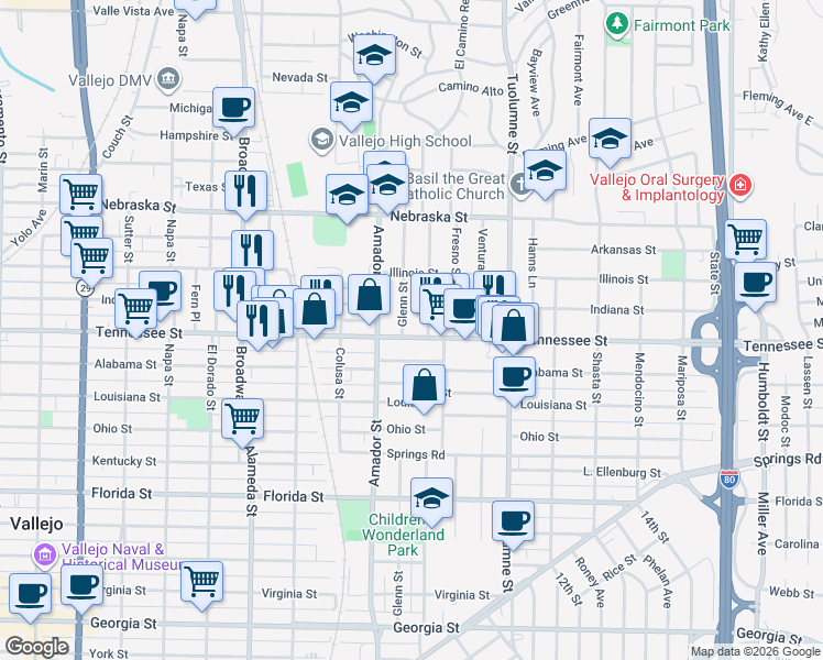 map of restaurants, bars, coffee shops, grocery stores, and more near 1307 Glenn Street in Vallejo