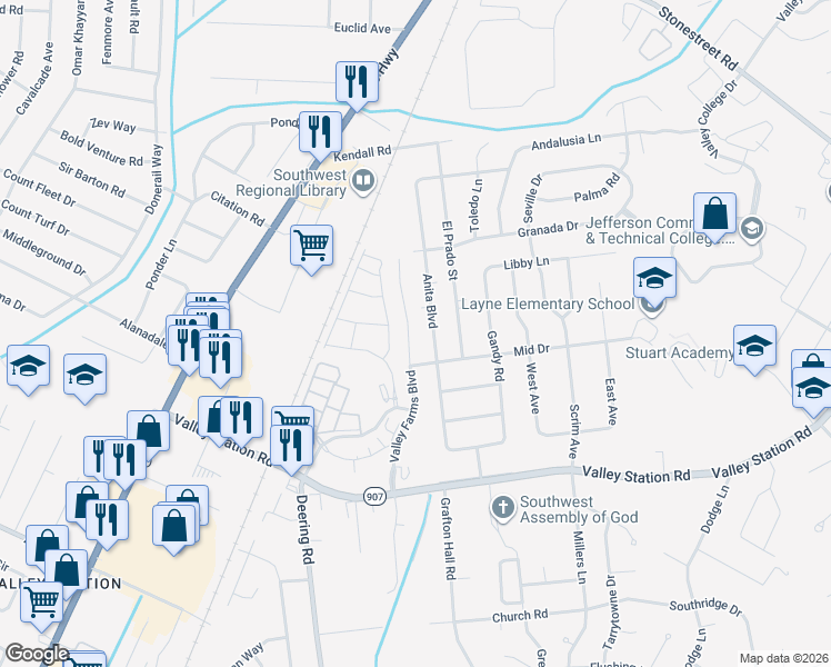 map of restaurants, bars, coffee shops, grocery stores, and more near 9821 Valley Farms Boulevard in Louisville