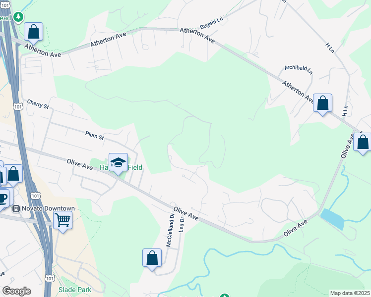 map of restaurants, bars, coffee shops, grocery stores, and more near 90 Robinhood Drive in Novato