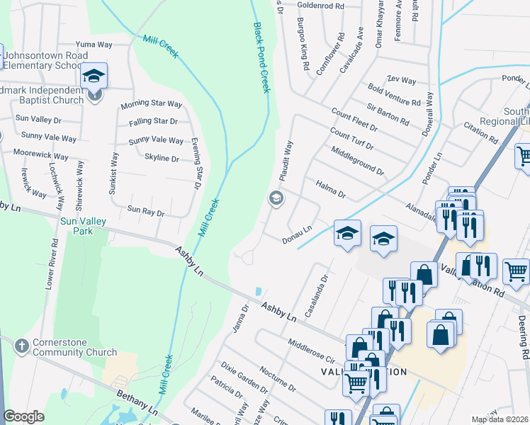 map of restaurants, bars, coffee shops, grocery stores, and more near 10008 Plaudit Way in Louisville