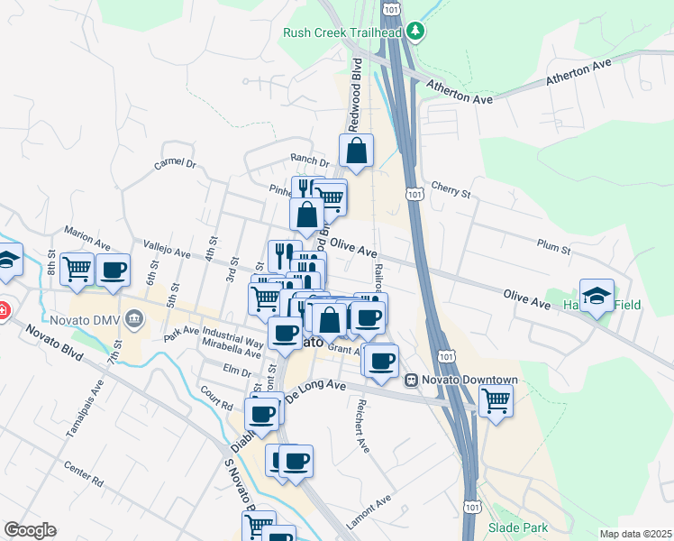 map of restaurants, bars, coffee shops, grocery stores, and more near 7460 Redwood Boulevard in Novato