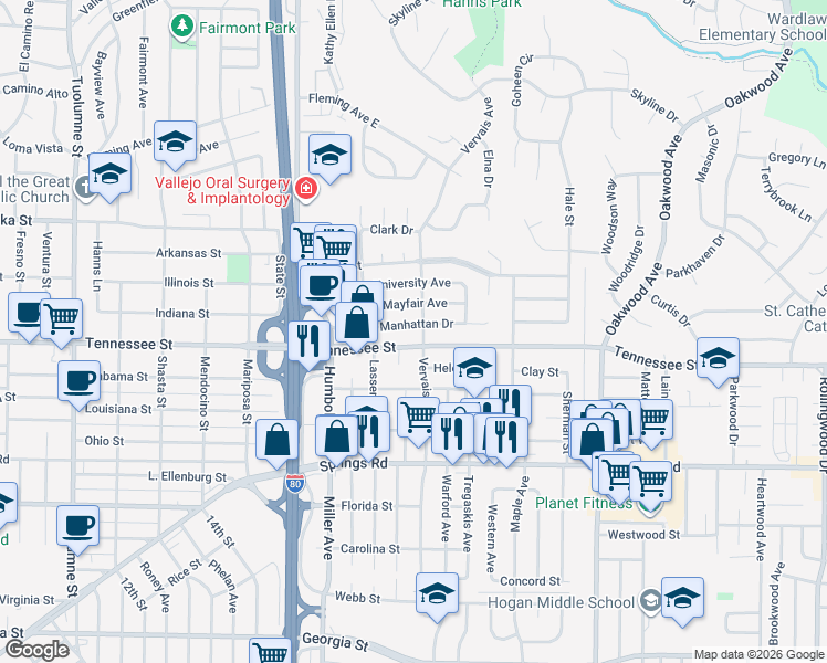 map of restaurants, bars, coffee shops, grocery stores, and more near 1104 Vervais Avenue in Vallejo