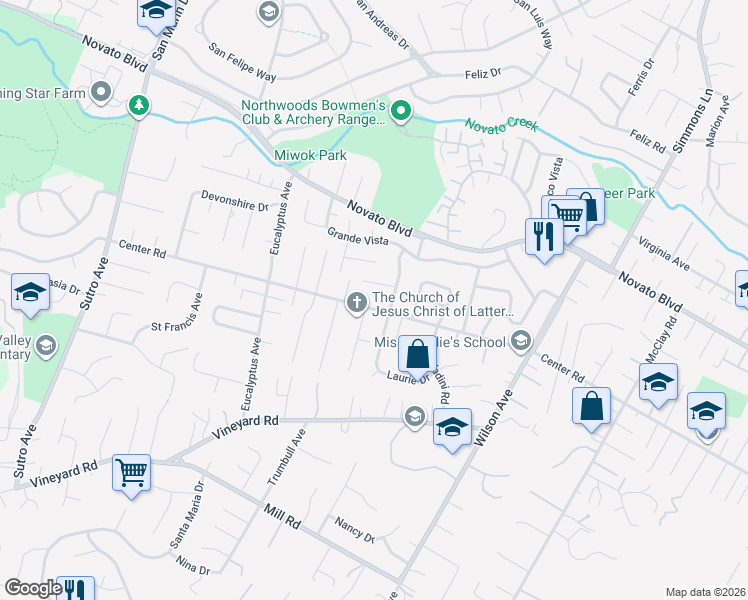 map of restaurants, bars, coffee shops, grocery stores, and more near 3 Jules Drive in Novato