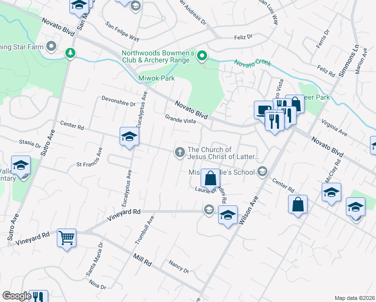 map of restaurants, bars, coffee shops, grocery stores, and more near 3 Jules Drive in Novato