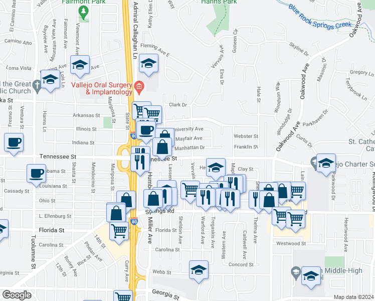 map of restaurants, bars, coffee shops, grocery stores, and more near 145 Manhattan Drive in Vallejo