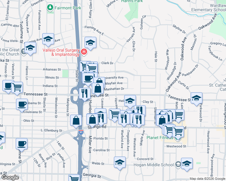 map of restaurants, bars, coffee shops, grocery stores, and more near 1104 Vervais Avenue in Vallejo