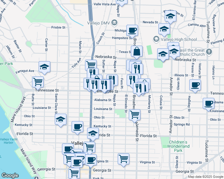 map of restaurants, bars, coffee shops, grocery stores, and more near 1617 Napa Street in Vallejo