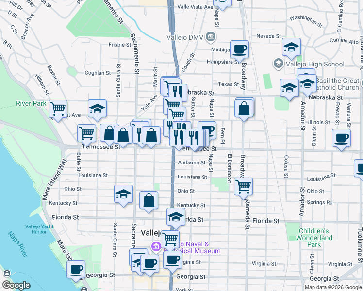 map of restaurants, bars, coffee shops, grocery stores, and more near 2618 Sonoma Boulevard in Vallejo