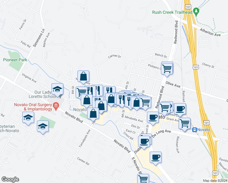 map of restaurants, bars, coffee shops, grocery stores, and more near 1049 5th Street in Novato