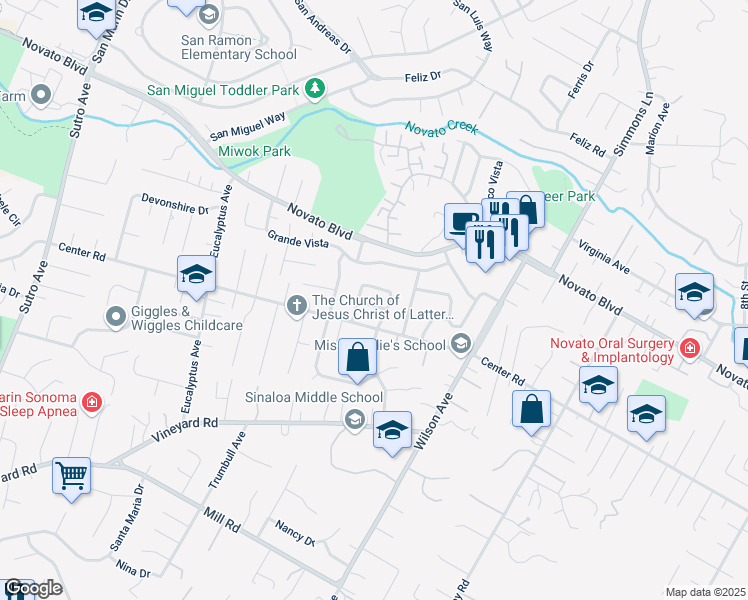 map of restaurants, bars, coffee shops, grocery stores, and more near 105 Holstrom Circle in Novato