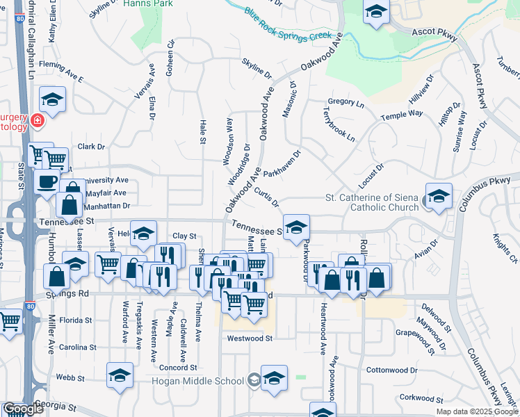 map of restaurants, bars, coffee shops, grocery stores, and more near 32 Woodridge Place in Vallejo