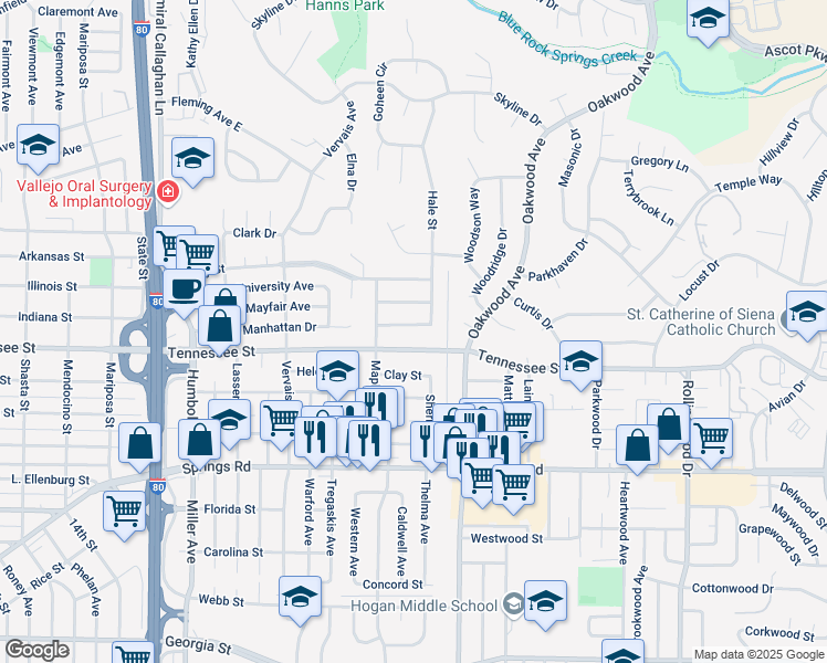 map of restaurants, bars, coffee shops, grocery stores, and more near 129 Franklin Street in Vallejo