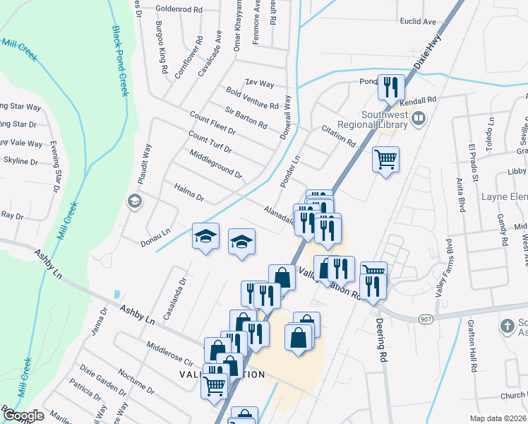 map of restaurants, bars, coffee shops, grocery stores, and more near 5810 Alanadale Drive in Louisville