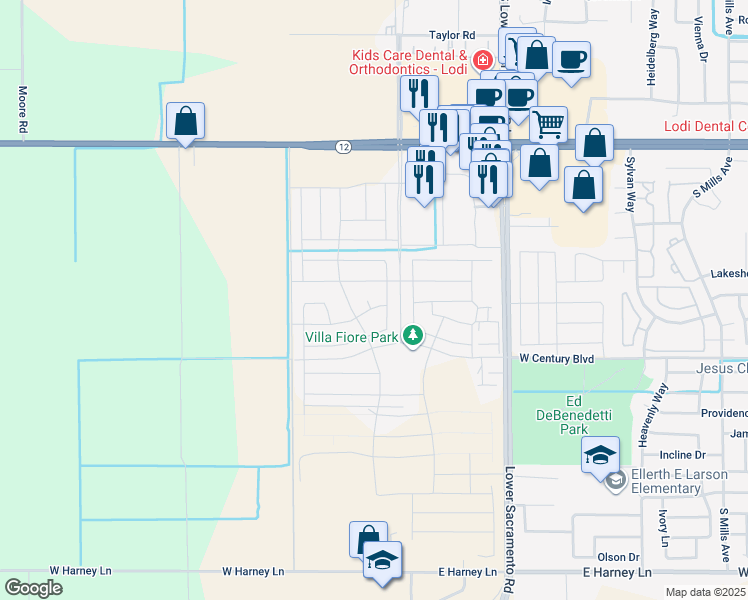 map of restaurants, bars, coffee shops, grocery stores, and more near 2833 Tulip Way in Lodi