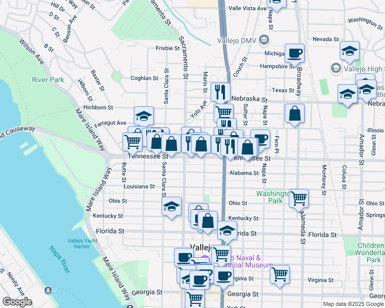 map of restaurants, bars, coffee shops, grocery stores, and more near 310 Tennessee Street in Vallejo