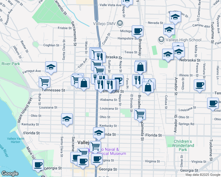 map of restaurants, bars, coffee shops, grocery stores, and more near 1710 Sutter Street in Vallejo