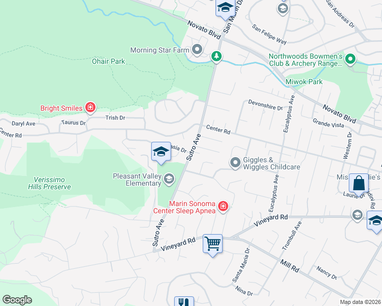map of restaurants, bars, coffee shops, grocery stores, and more near Sutro Avenue & Stasia Drive in Novato