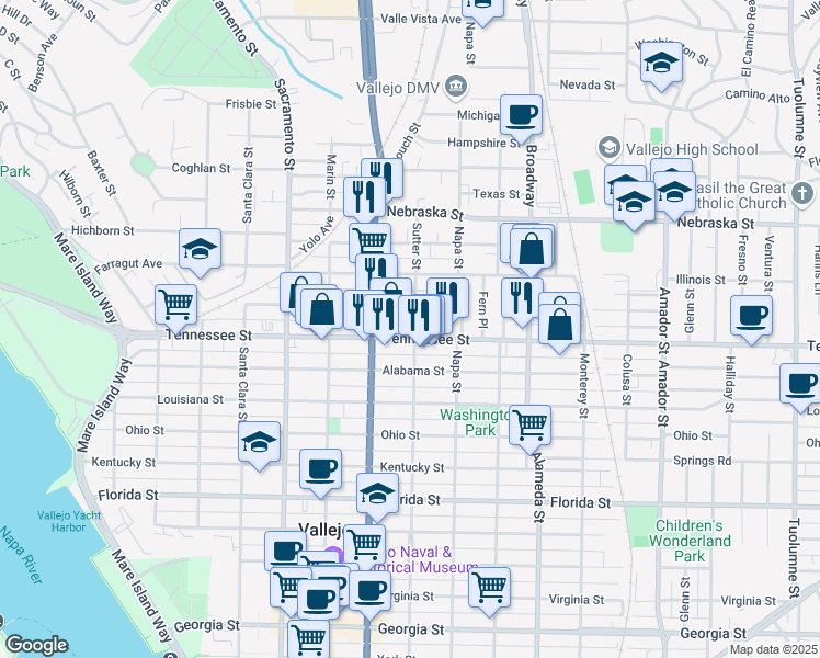 map of restaurants, bars, coffee shops, grocery stores, and more near 1705 Sutter Street in Vallejo