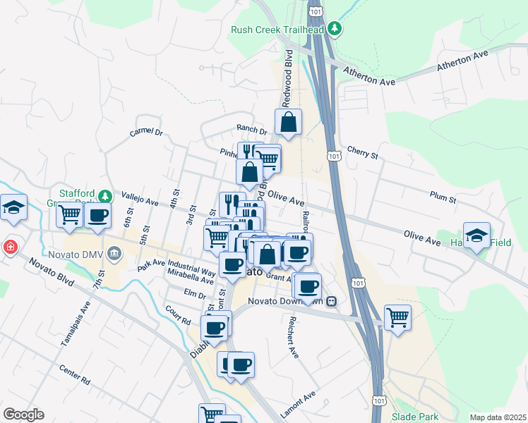 map of restaurants, bars, coffee shops, grocery stores, and more near 7460 Redwood Boulevard in Novato