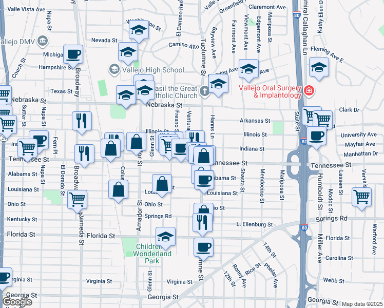 map of restaurants, bars, coffee shops, grocery stores, and more near 27 Ventura Street in Vallejo